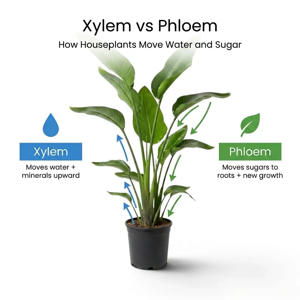 Infographic of a potted Strelitzia showing xylem moving water and minerals upward and phloem moving sugars to roots and new growth.