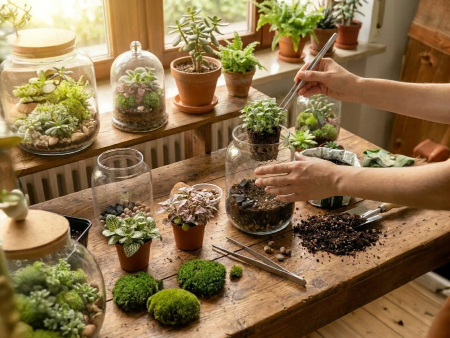 Hands placing a plant inside a glass jar terrarium with substrates and tools nearby