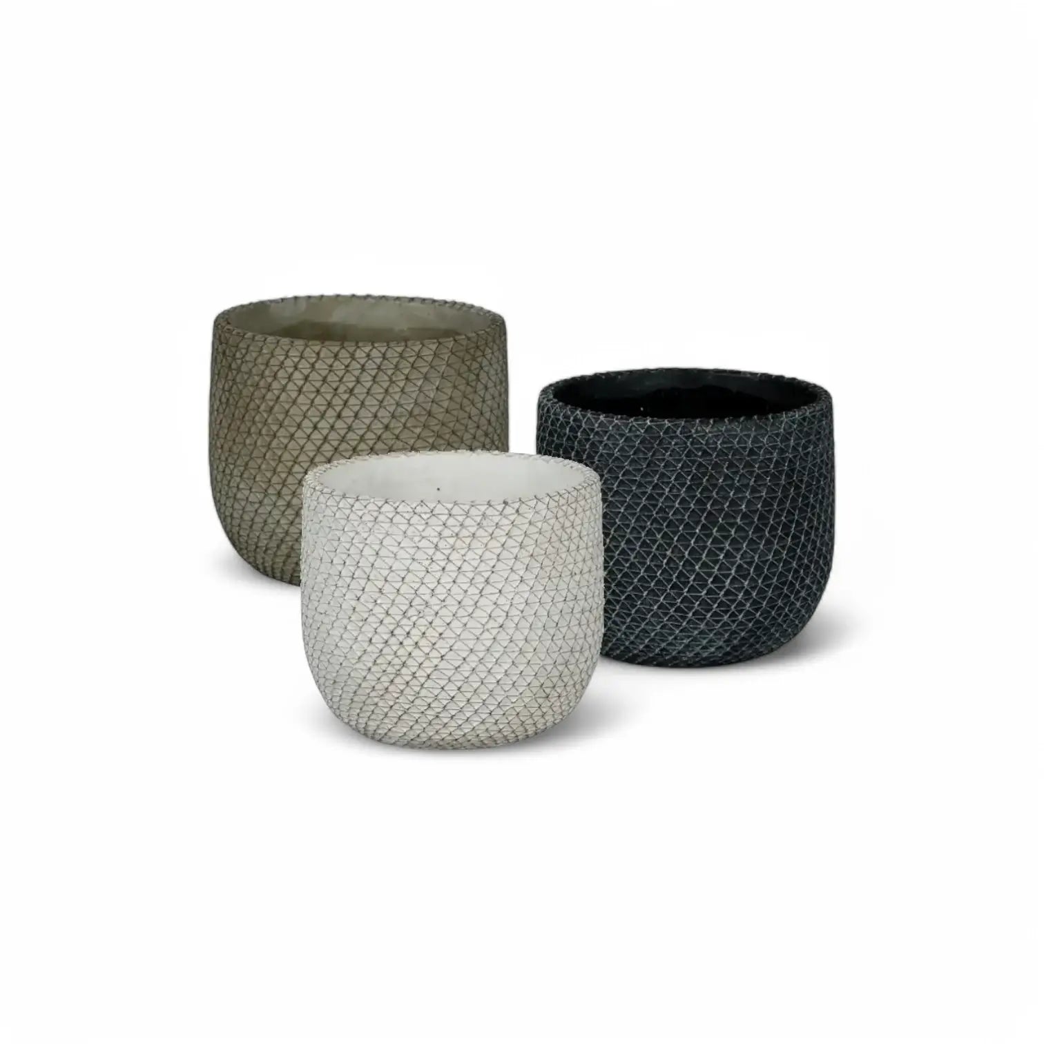 Three ceramic planters in various colours on a white backround