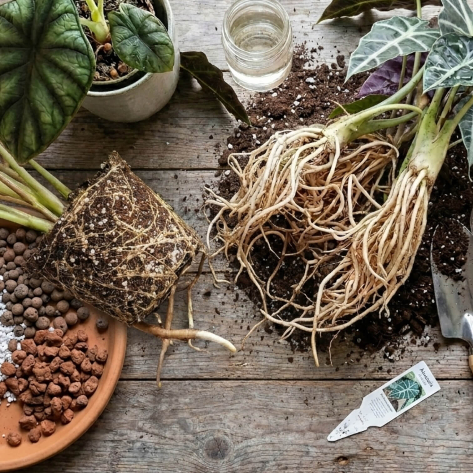 Roots of a plant on a wooden surface with soil and gardening tools.