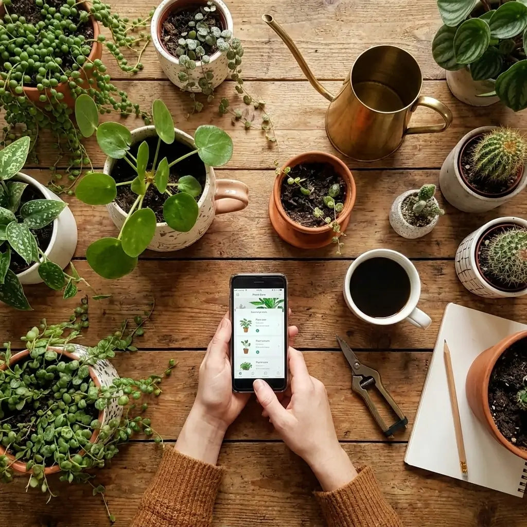 Person using a smartphone app on a wooden table with plants and a cup of coffee.