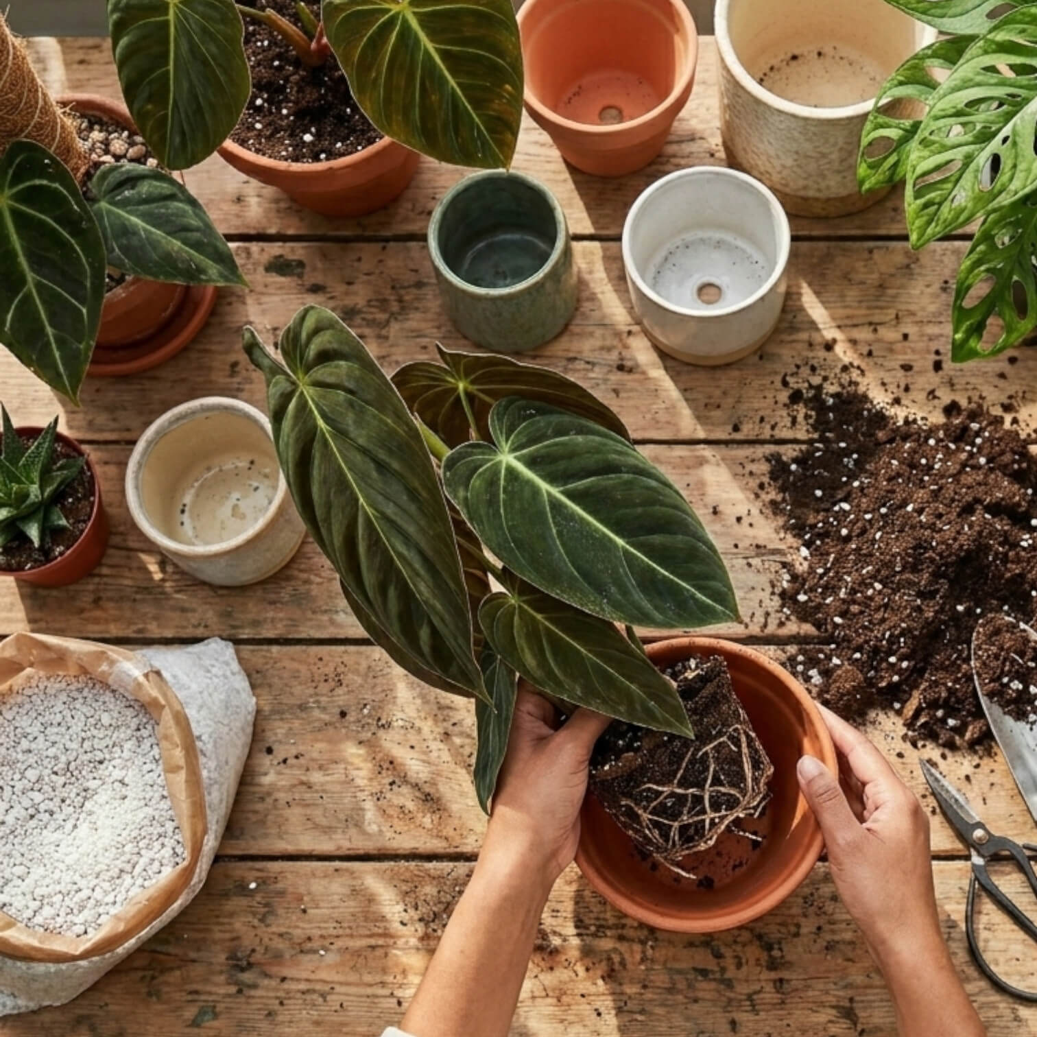 Person repotting a plant on a wooden table with various pots and gardening tools.