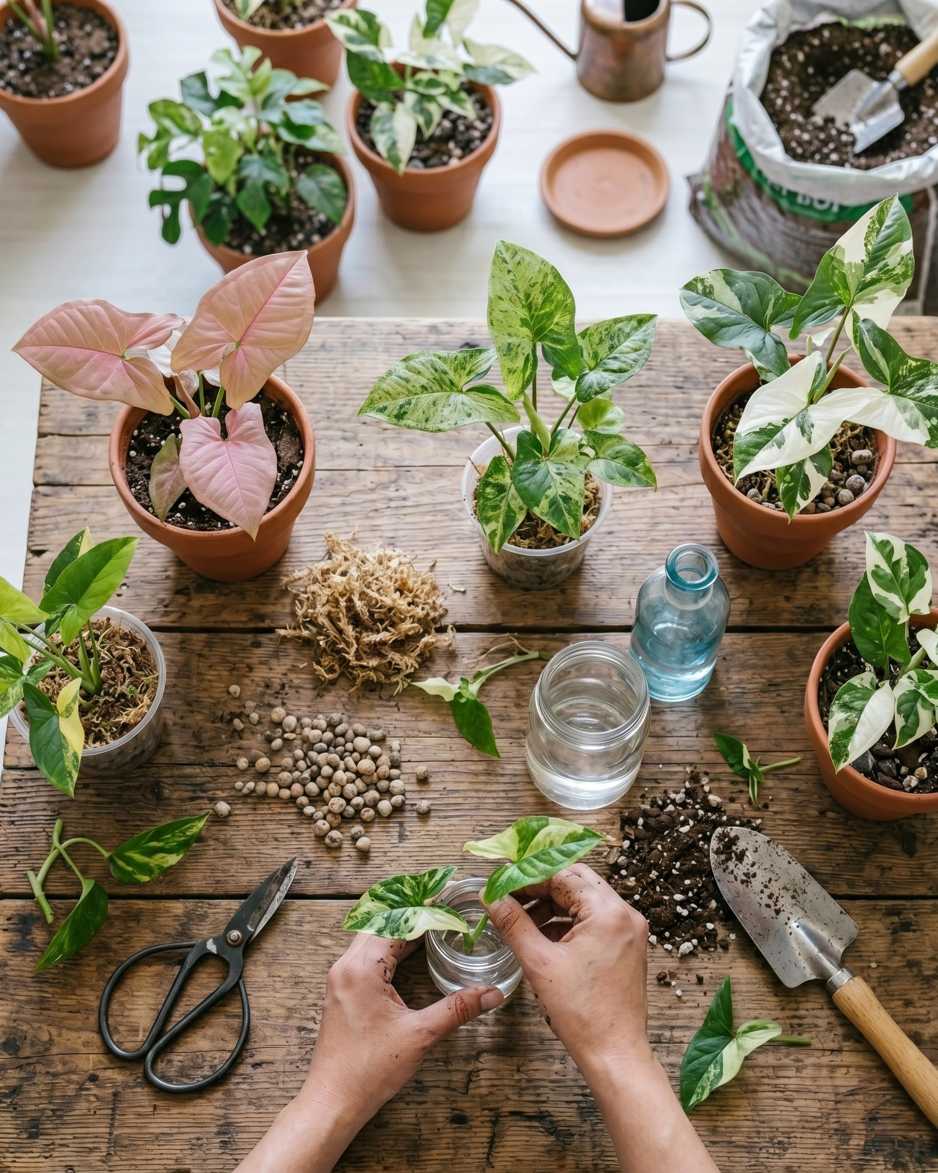 Person vermehrt Syngonium-Pflanzen auf einem Holztisch mit Gartenzubehör.