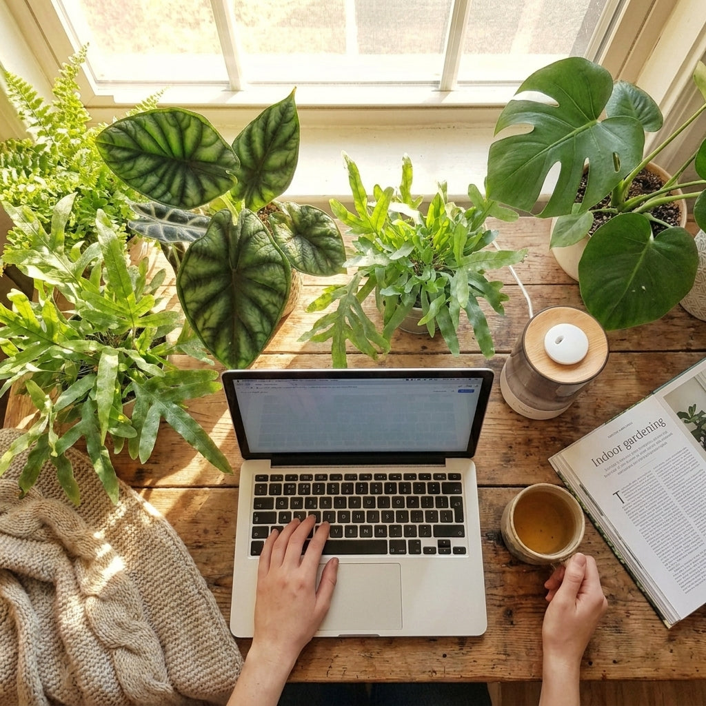Person nutzt einen Laptop an einem Holztisch mit Pflanzen und einer Tasse Kaffee.