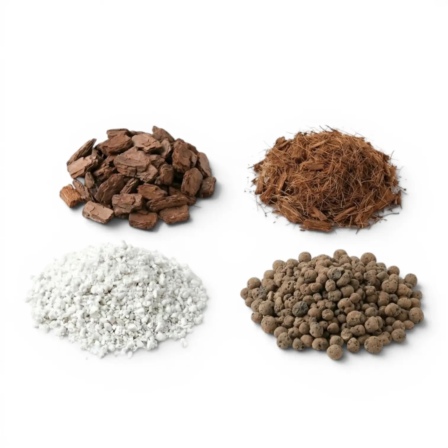Four piles of of aroid substrate set ingredients on a white background