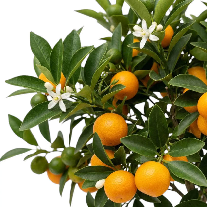 Detailaufnahme der orangefarbenen Früchte der Calamondin (Citrus × microcarpa) zwischen glänzend grünen Blättern