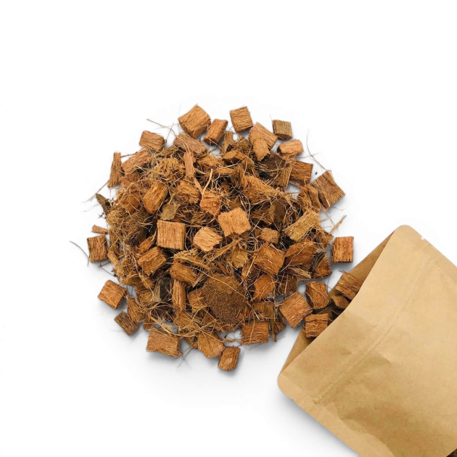 Coconut coir chips with a brown paper bag on a white background