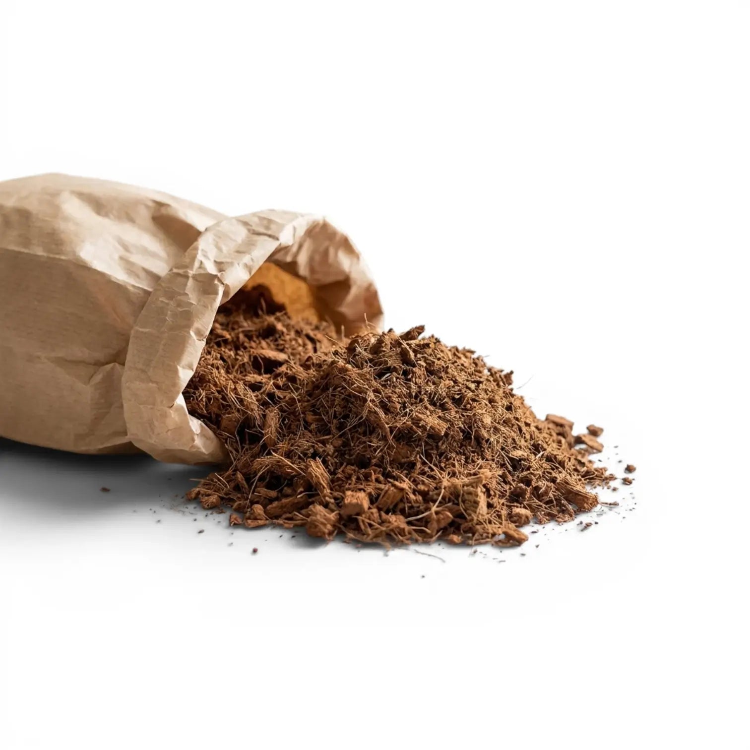 Brown paper bag with coconut coir spilling out on a white background