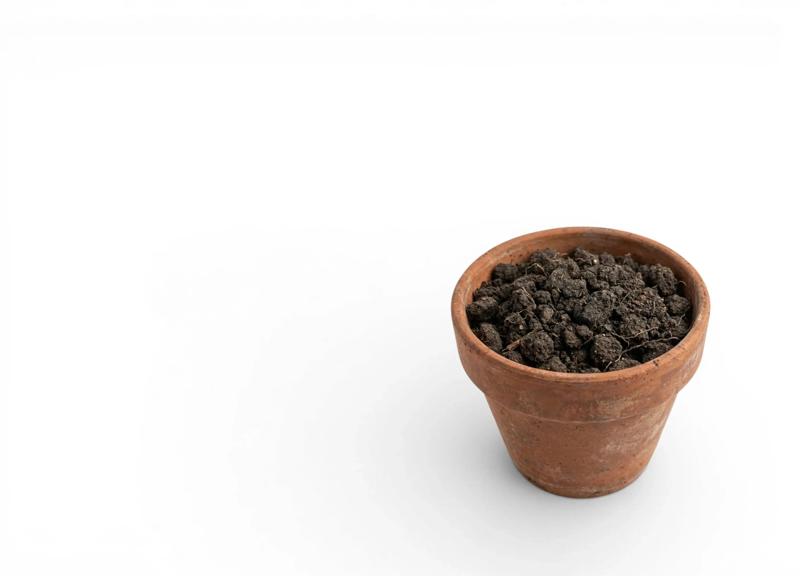 Small terracotta pot with compacted soil on a white background