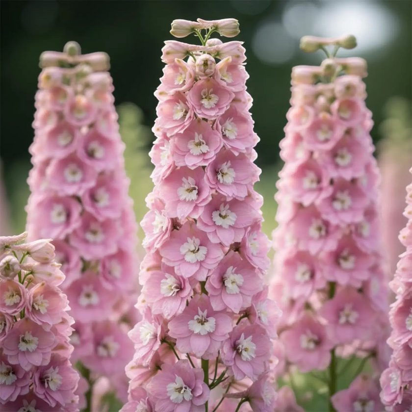 Delphinium 'Magic Fountains Pink Shades' close-up detail.