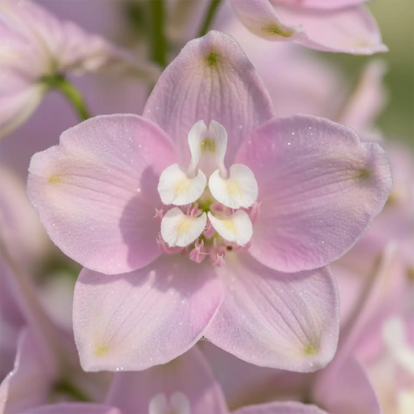 Delphinium 'Magic Fountains Pink Shades' plant detail.