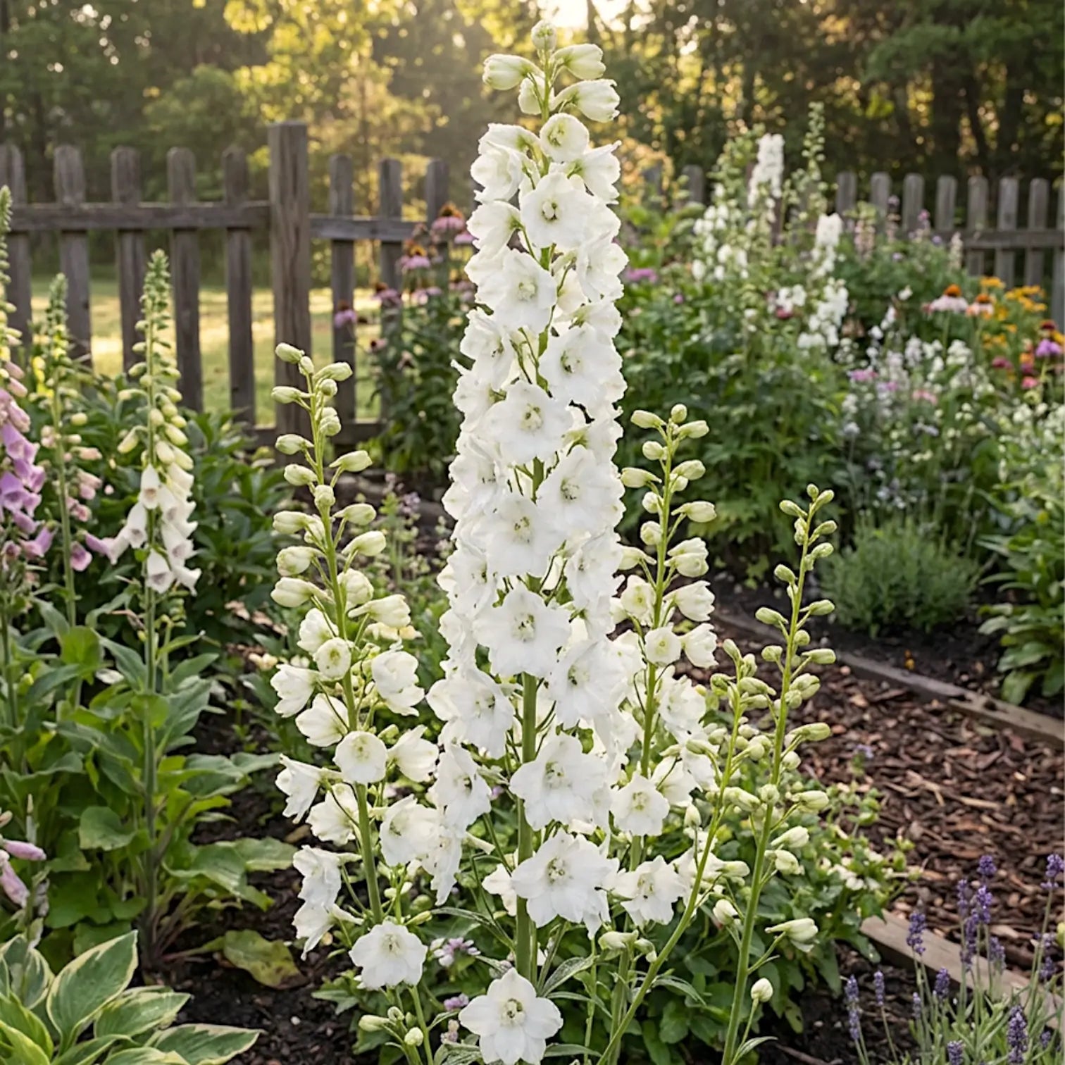 Delphinium 'Magic Fountains Pure White' – Detailaufnahme der Pflanze.
