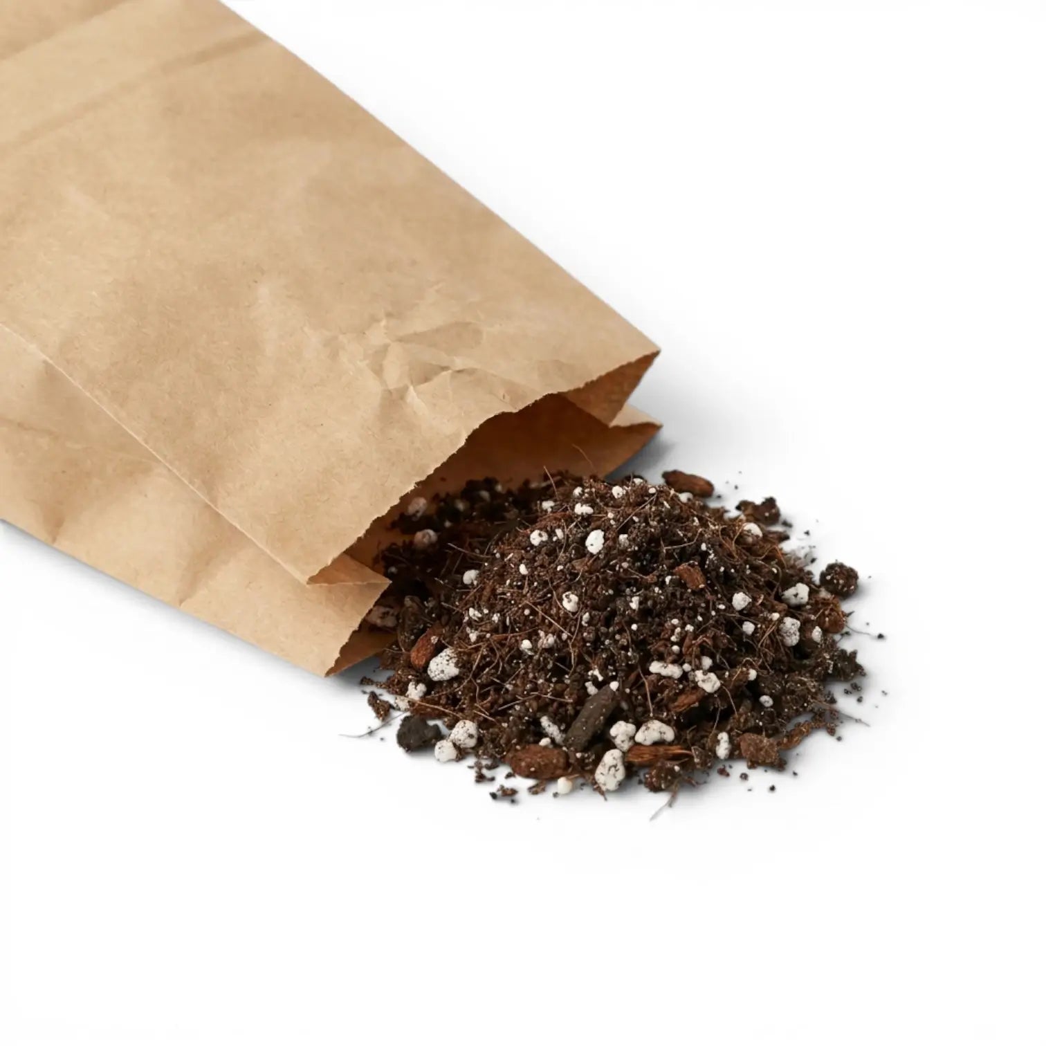 Brown paper bag spilling out Fern potting mix on a white background
