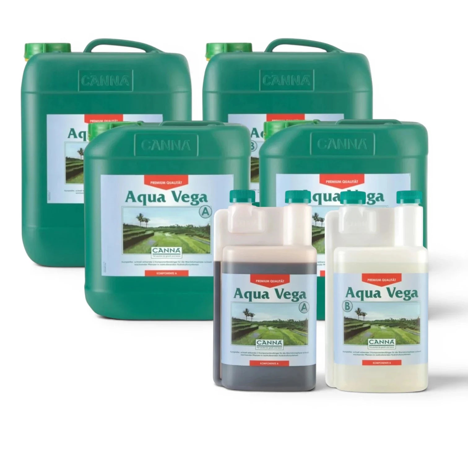 CANNA Aqua Vega A+B bottles in multiple sizes on a white background