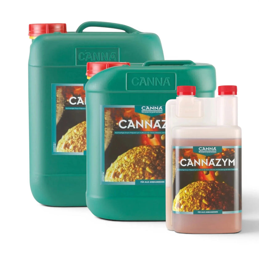 CANNA Cannazym bottles in multiple sizes on a white background
