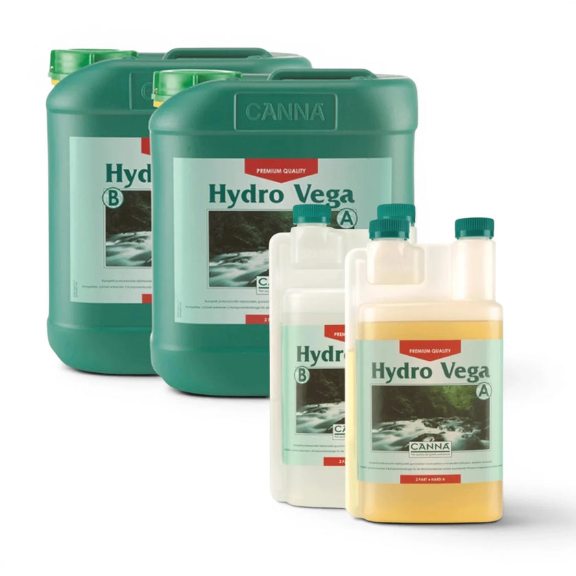 CANNA Hydro Vega A+B bottles in multiple sizes on a white background