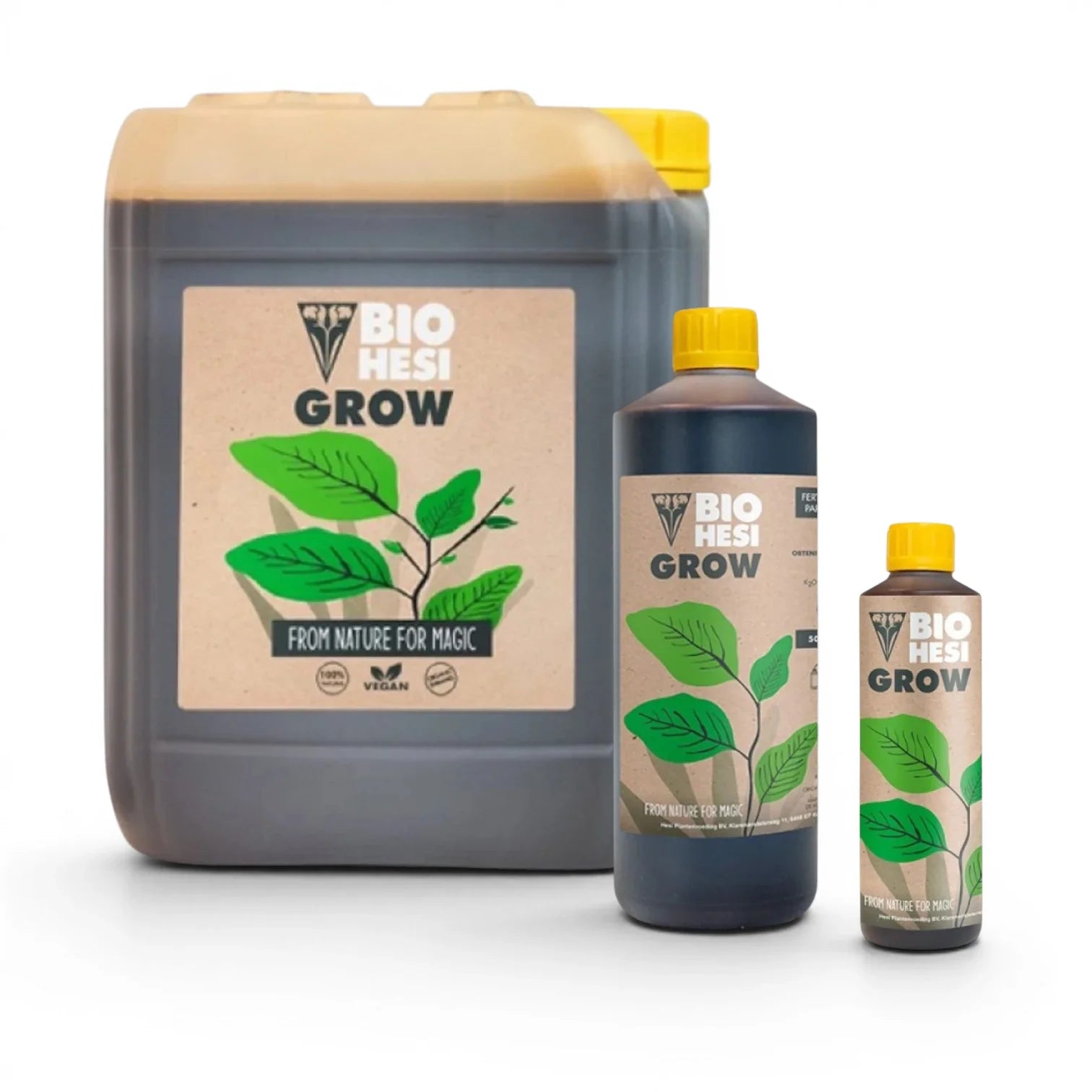 HESI Bio Grow bottles in multiple sizes on a white background