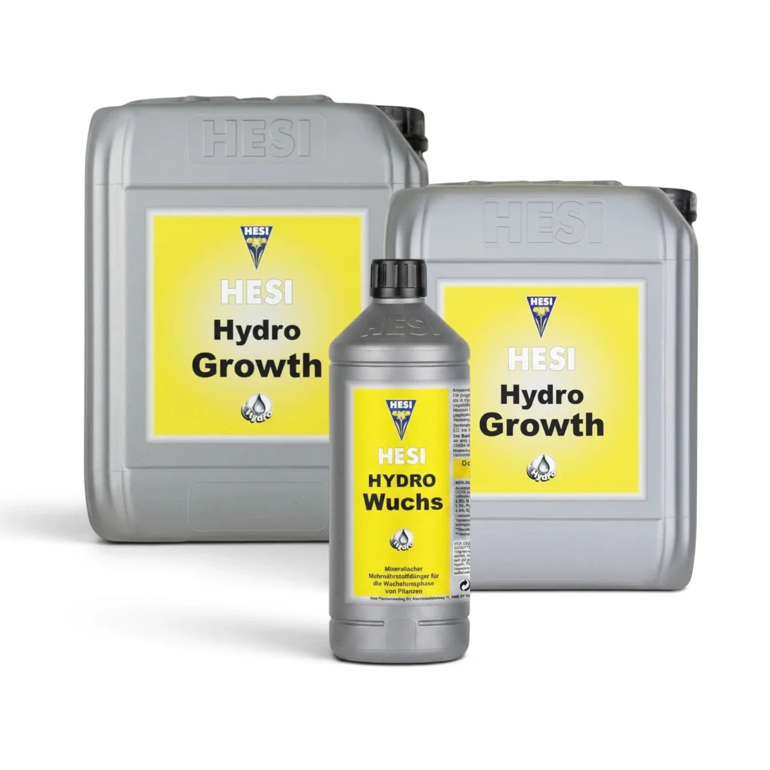 HESI Hydro Growth bottles in multiple sizes on a white background