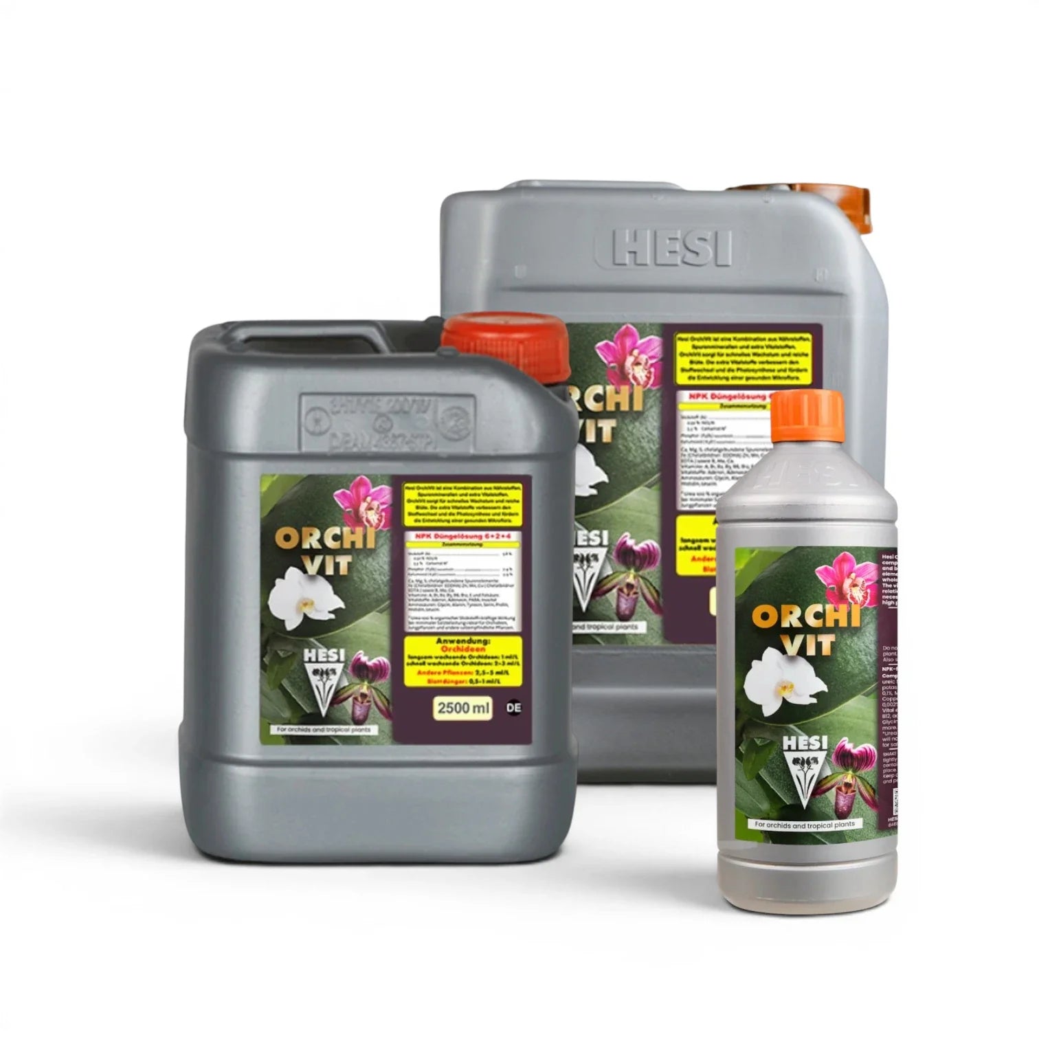 HESI OrchiVit bottles in multiple sizes on a white background