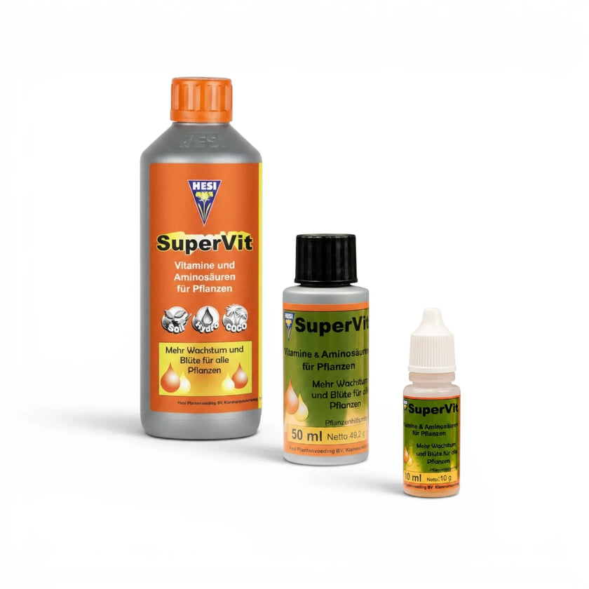 HESI SuperVit bottles in multiple sizes on a white background