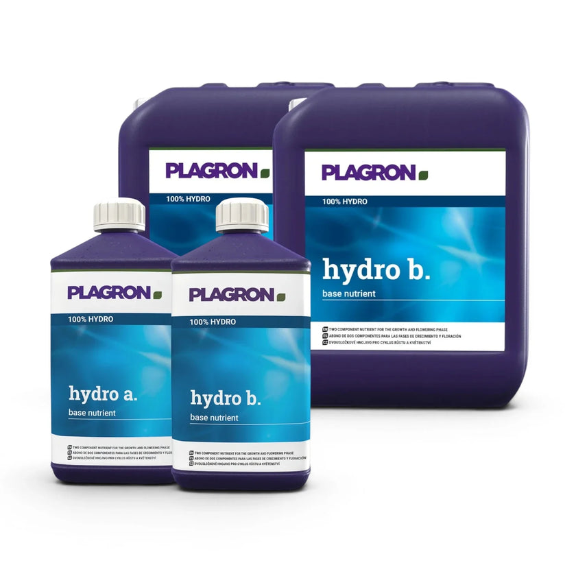 Plagron Hydro A+B bottles in multiple sizes on a white background
