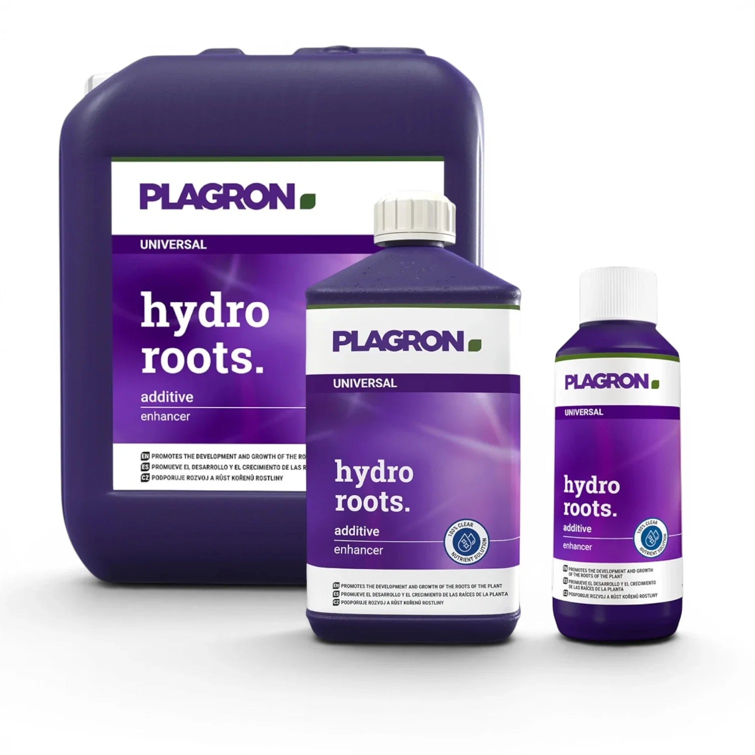 Plagron Hydro Roots bottles in multiple sizes on a white background