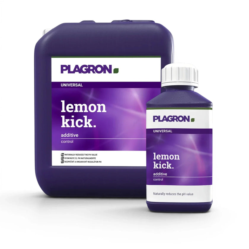 Plagron Lemon Kick bottles in multiple sizes on a white background