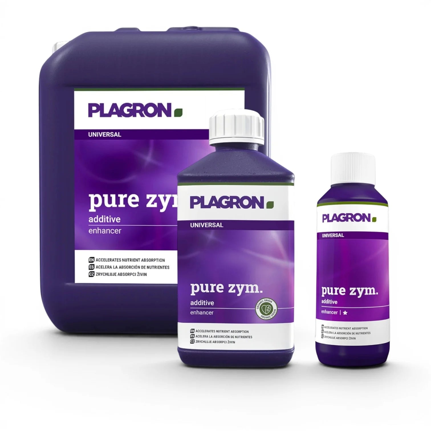 Plagron Pure Zym bottles in multiple sizes on a white background