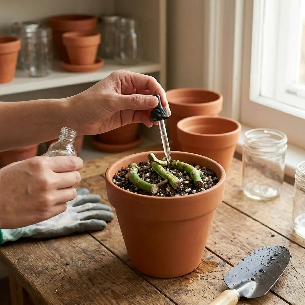 Person applying a liquid root stimulator in a terracotta pot on a wooden table with gardening tools and pots in the background.