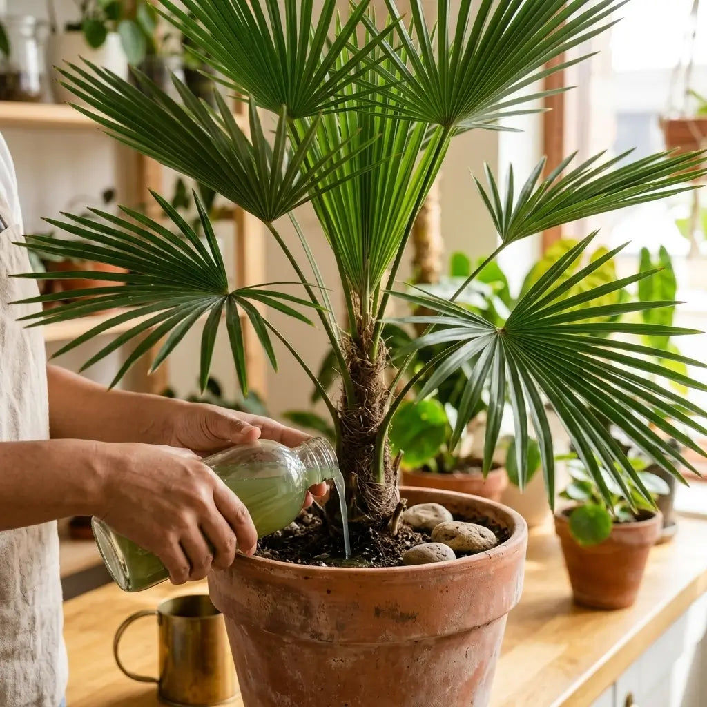 Person fertilizing a potted palm plant in a home setting