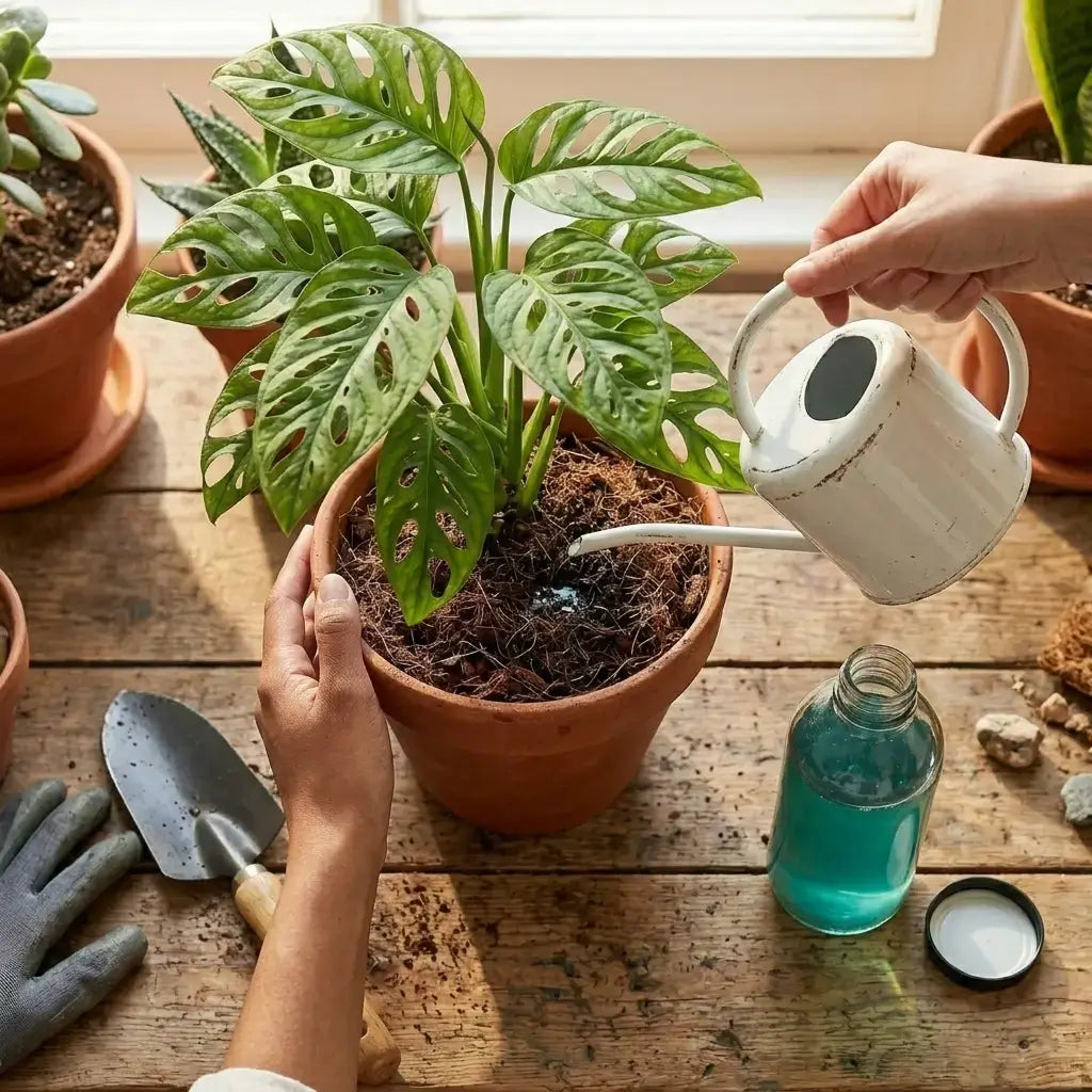 Person watering a potted plant on a wooden table with gardening tools and a bottle of liquid fertilizer nearby.