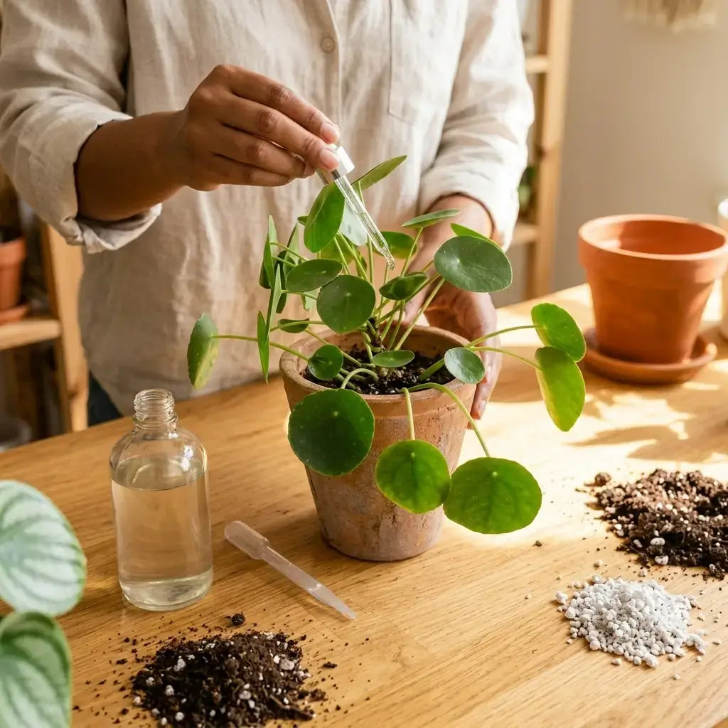 Person fertilizing a plant with a bottle and soil on a wooden table