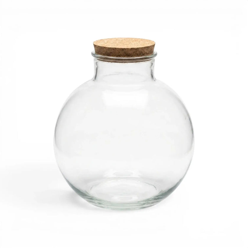 Clear glass jar Bowl with a cork lid on a white background