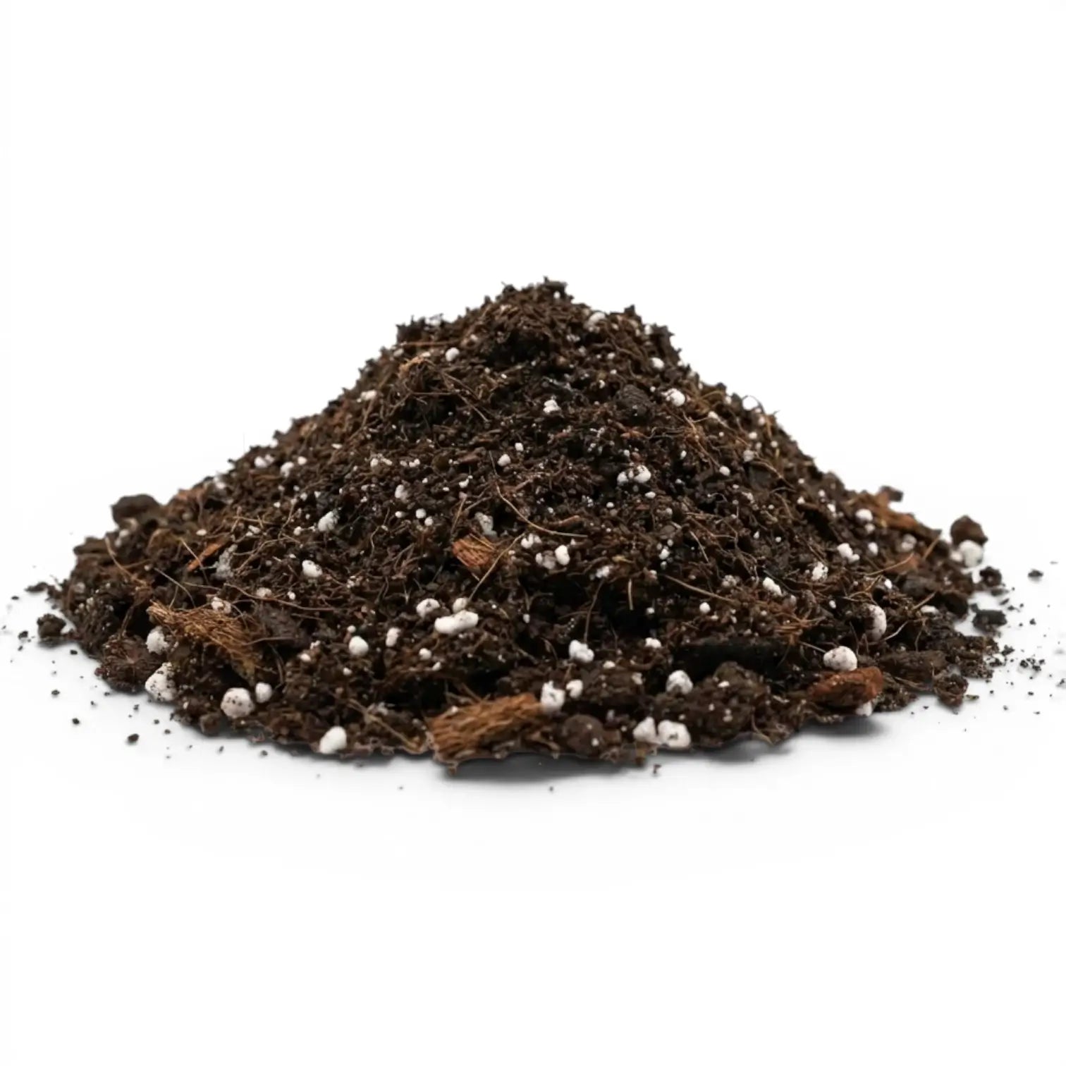 Heap of dark Hoya potting mix with small white pellets on a white background