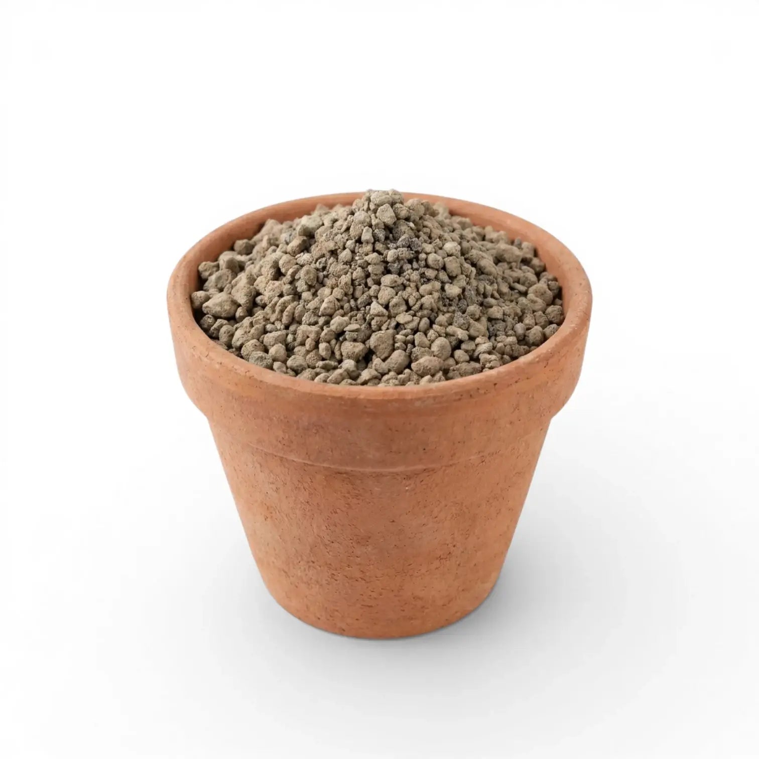 Terracotta pot filled with lava granulate on a white background