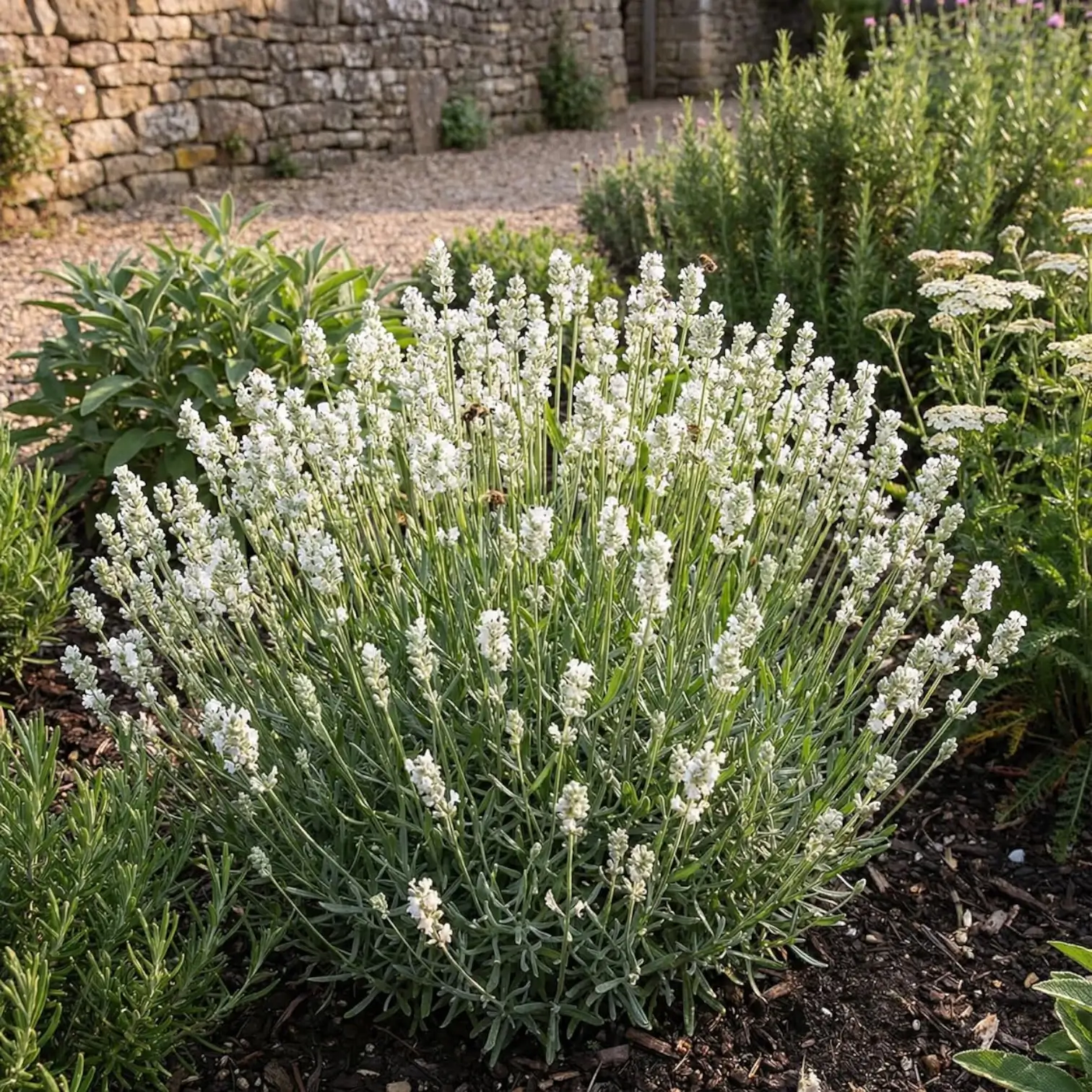 Lavandula angustifolia 'Edelweiss' garden planting with white flower spikes and grey-green foliage.