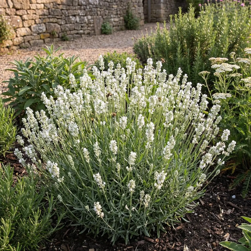 Lavandula angustifolia 'Edelweiss' garden planting with white flower spikes and grey-green foliage.