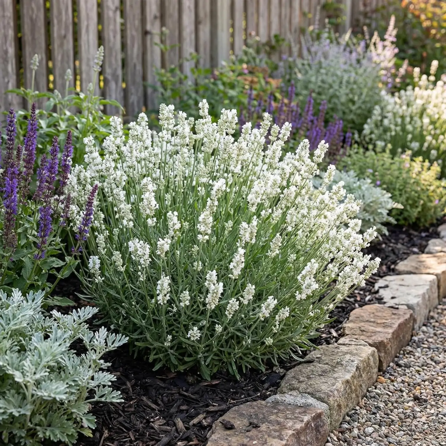 Lavandula angustifolia 'Edelweiss' plant detail.