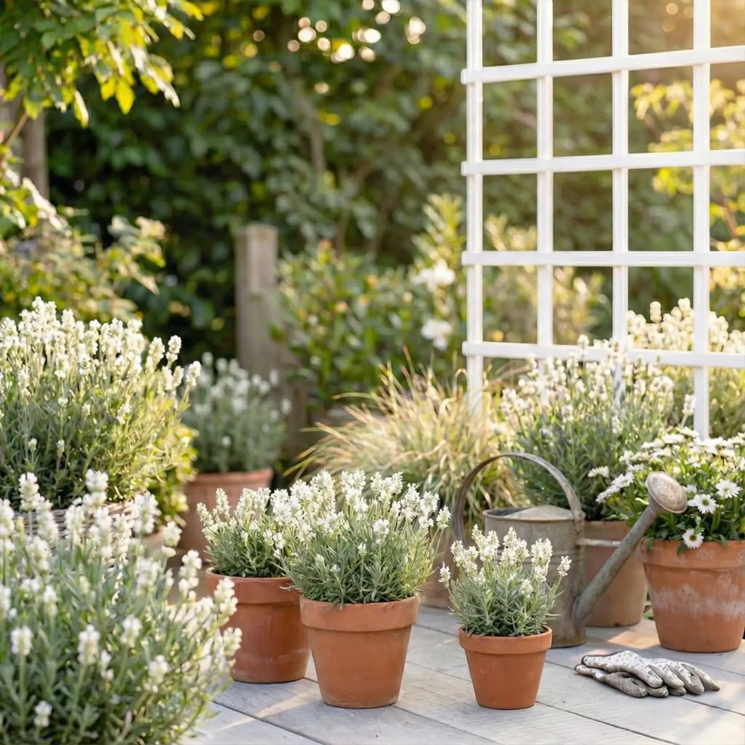 Lavandula angustifolia (white form) plant detail.