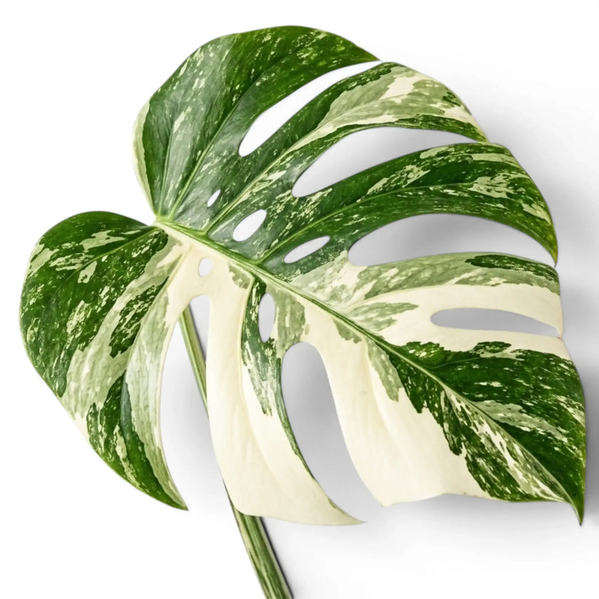 Variegated Monstera leaf on a white background