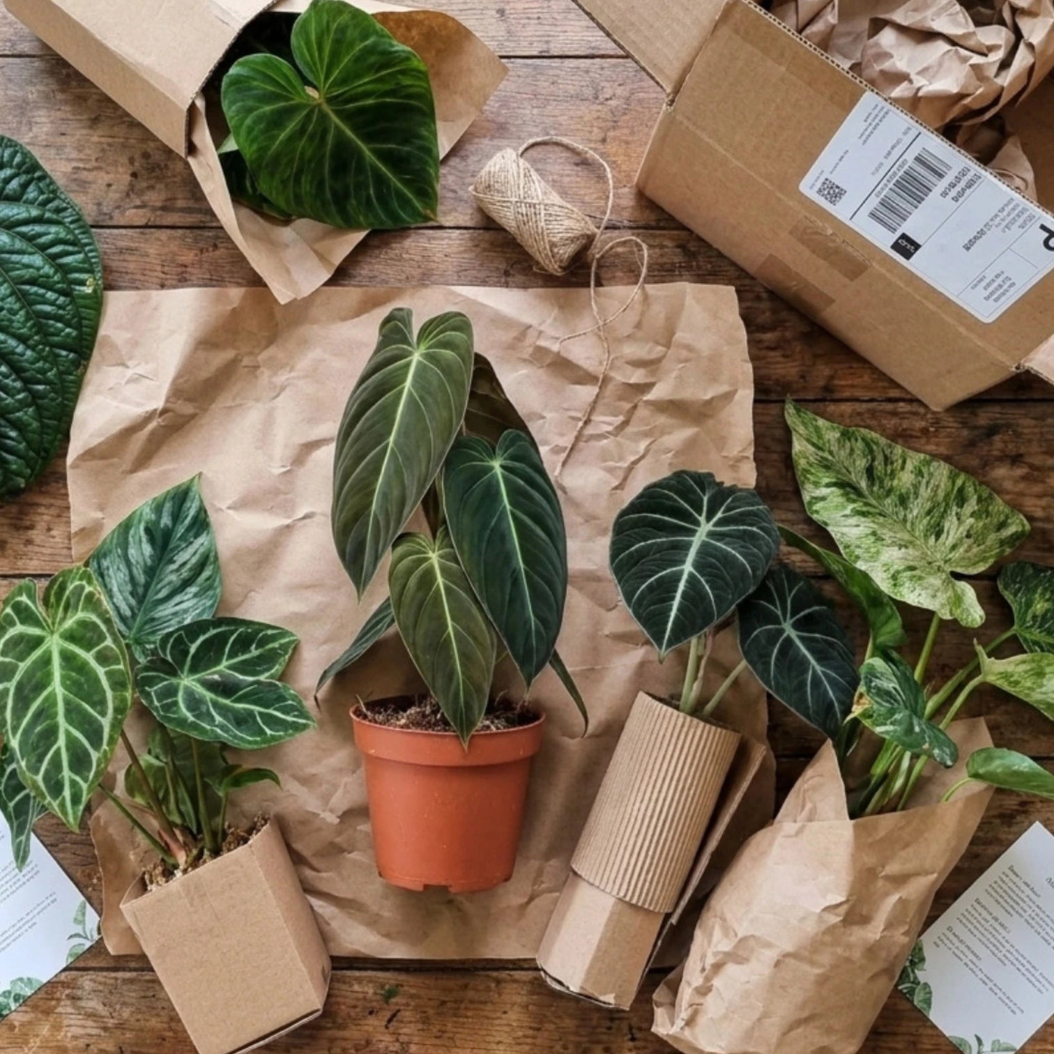 Topfpflanzen auf braunem Papier mit Kartons und Verpackungsmaterial auf einer Holzfläche.