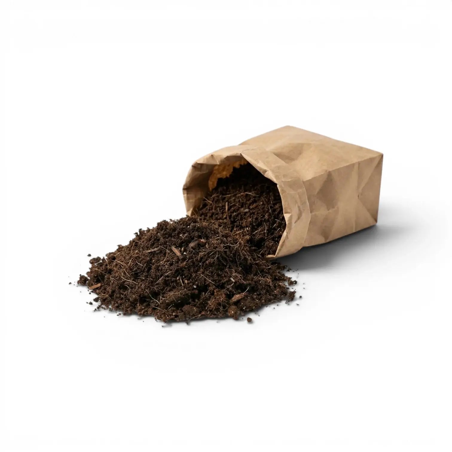Brown paper bag filled with potting soil on a white background