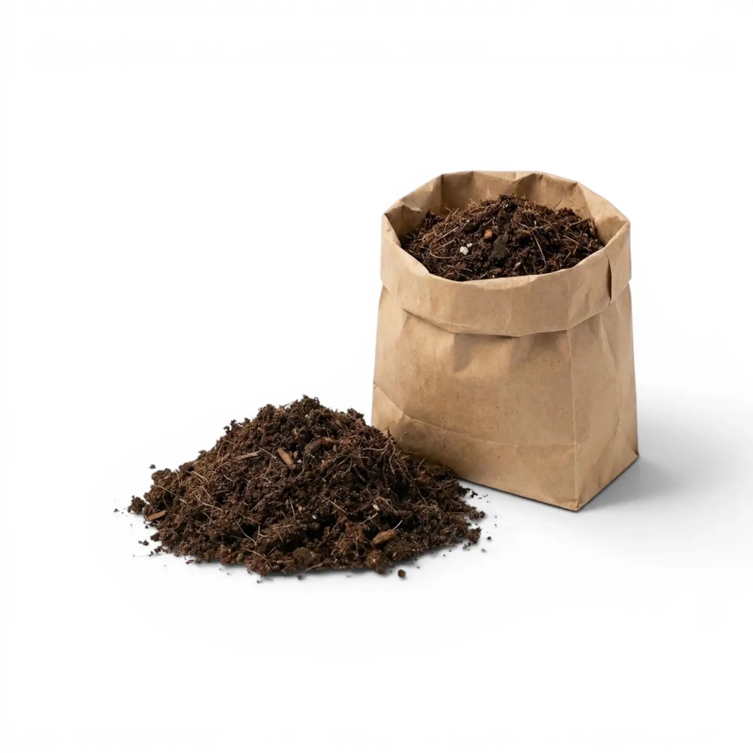 Brown paper bag filled with potting soil on a white background