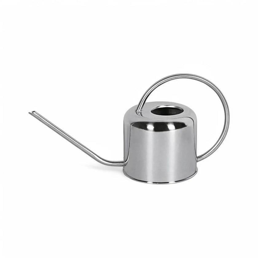 Steel watering can on white background.