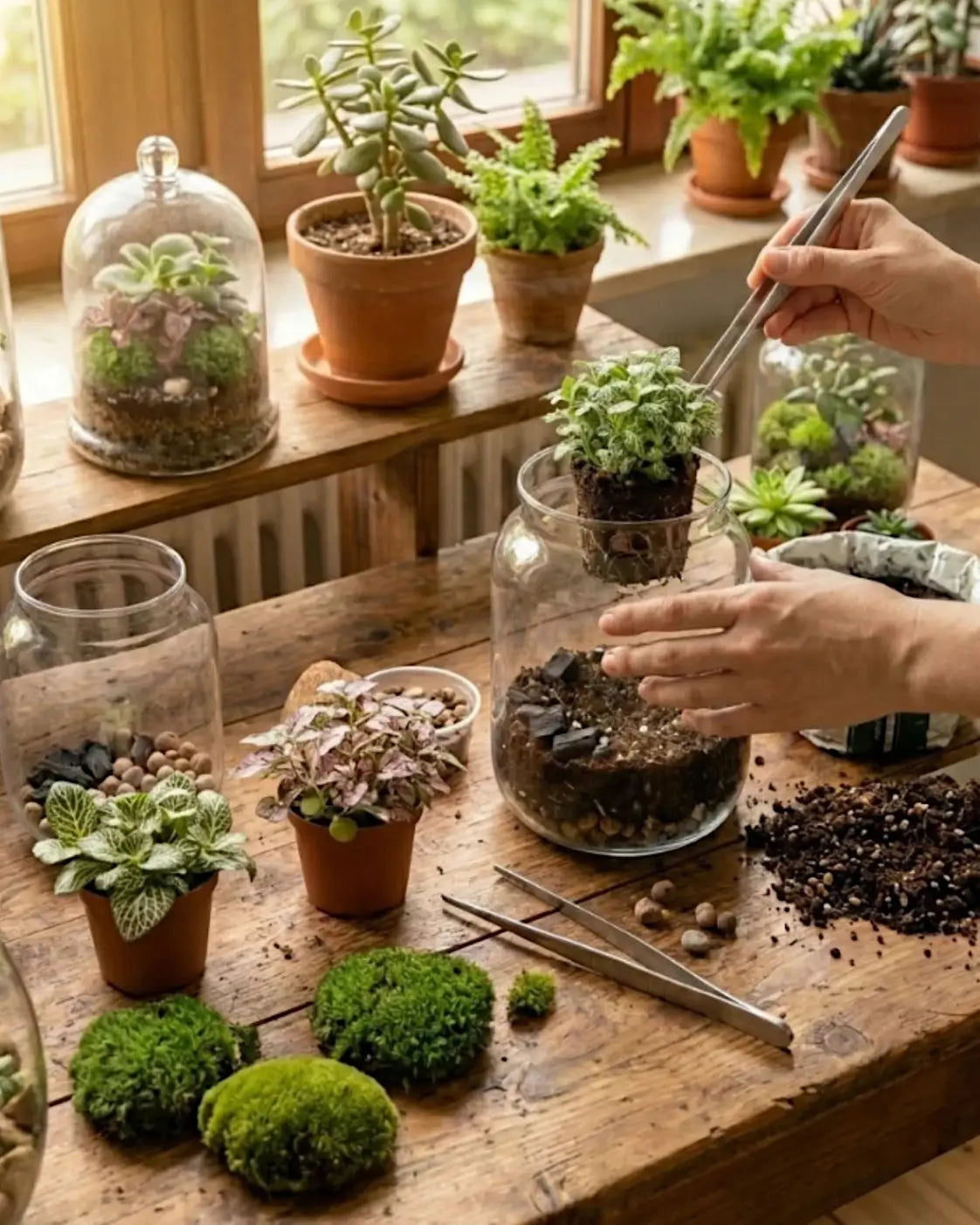 Person arranging plants on a wooden table with various terrariums and pots.