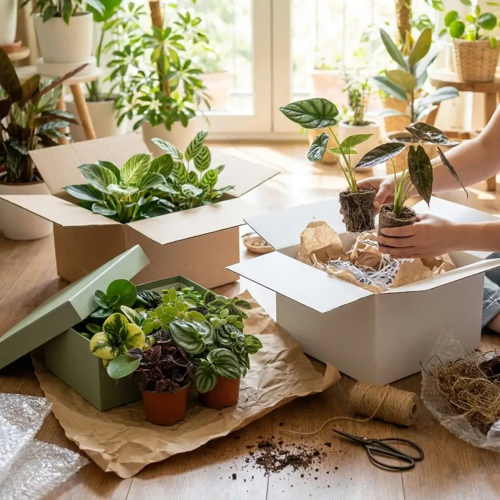 Person unpacking potted plants from boxes on a wooden floor.