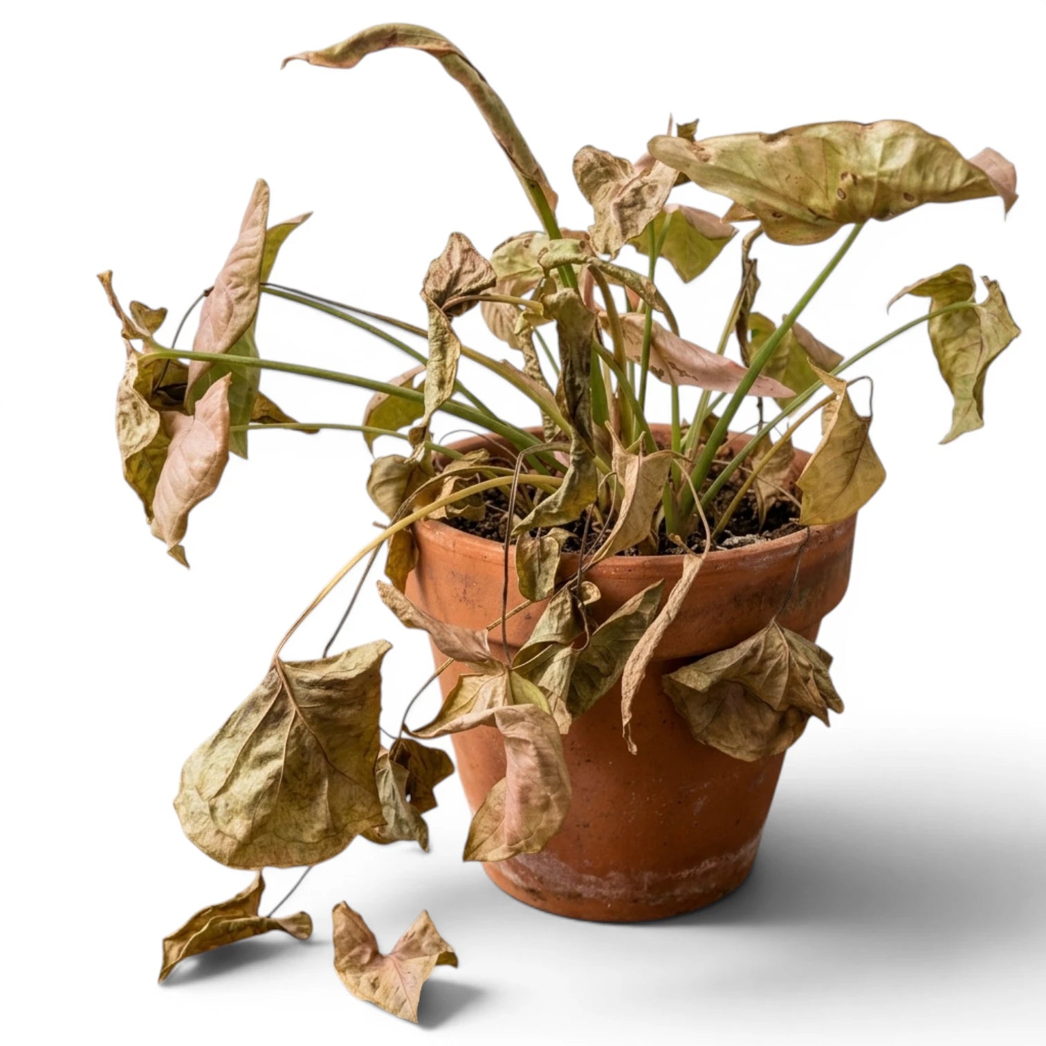 Verbräunendes Syngonium im Topf mit welken Blättern vor weißem Hintergrund