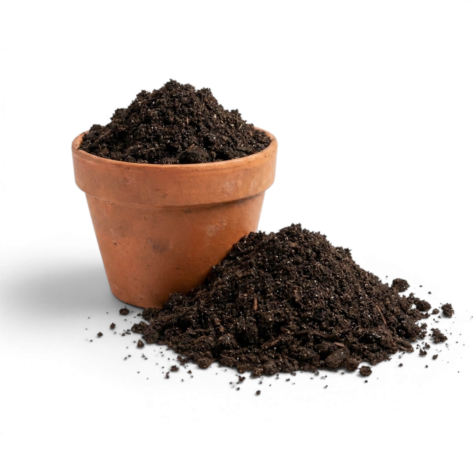 Terracotta pot filled with worm castings on a white background