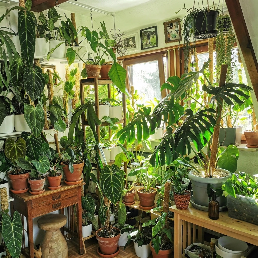 Bright interior with several potted houseplants arranged around furniture and shelves.