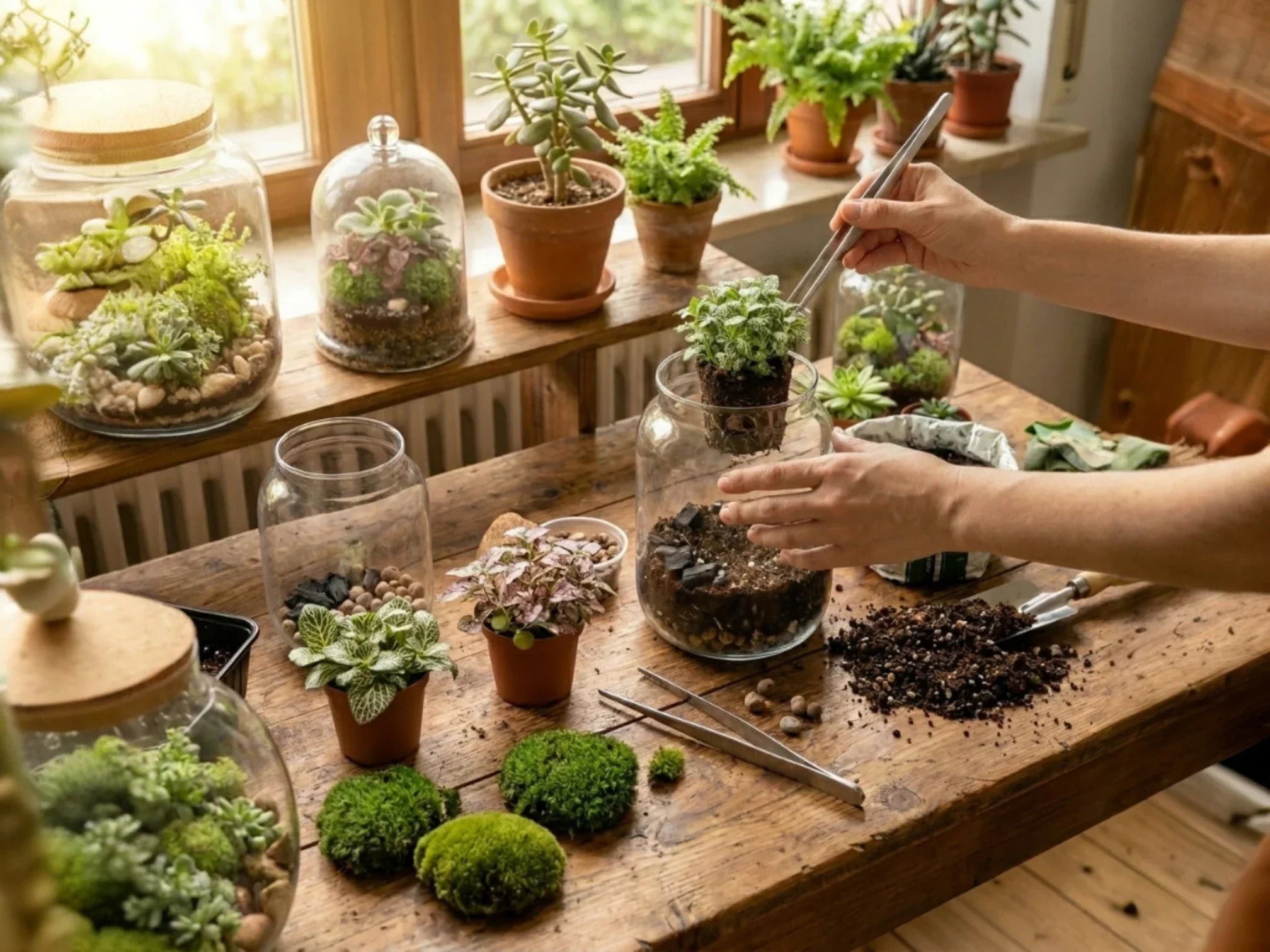 Hands placing a plant inside a glass jar terrarium surrounded by terrarium plants, substrates and tools